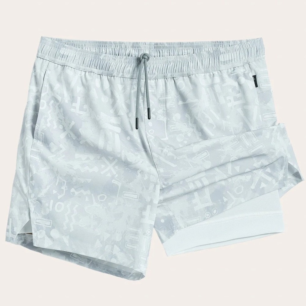 Maamgic Mens 2-in-1 Athletic Running Shorts Grey White Abstract Geometric Print